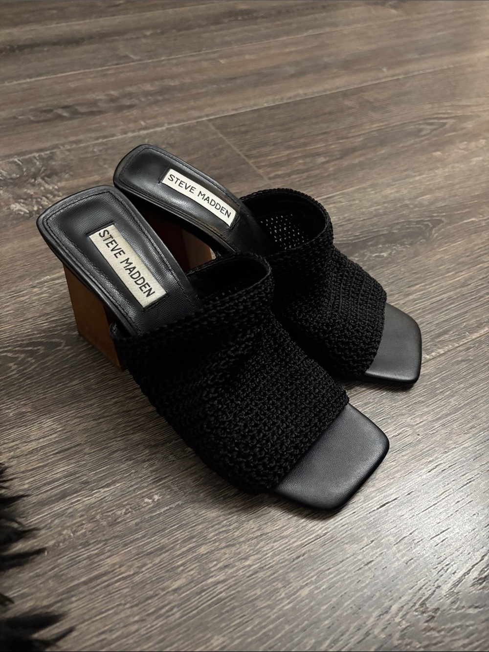 Steve Madden Black Knit Block Heel Mule with Tan Wood Heel